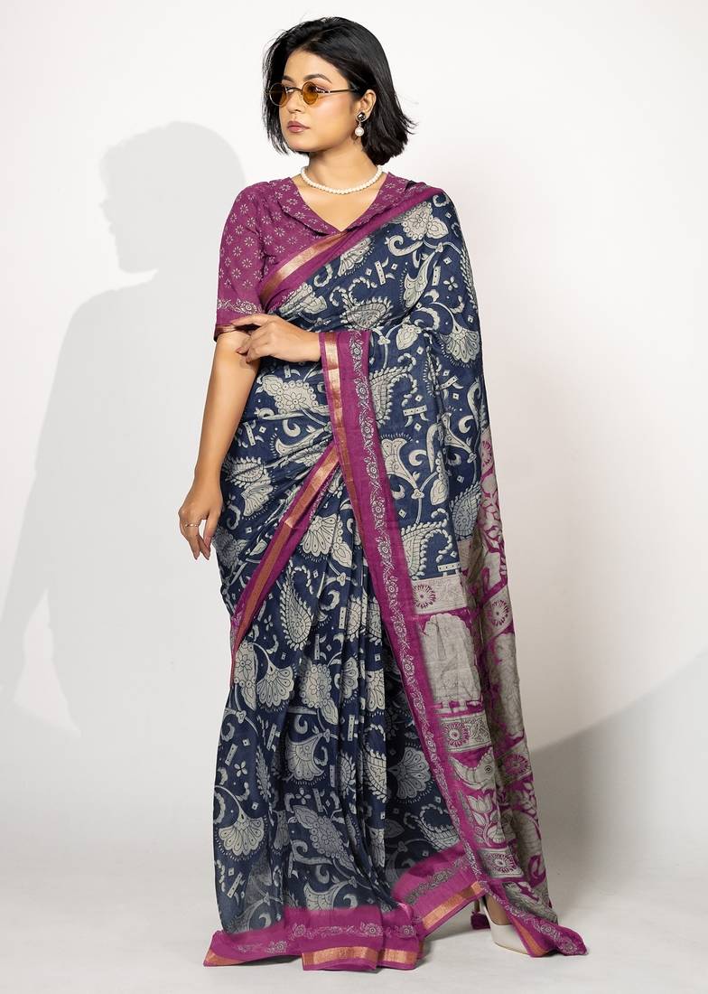 blue madhubani ethnic printed viscose cotton saree with unstitched blouse piece