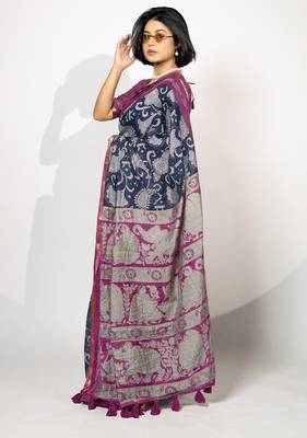 blue madhubani ethnic printed viscose cotton saree with unstitched blouse piece 2