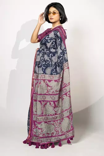blue madhubani ethnic printed viscose cotton saree with unstitched blouse piece