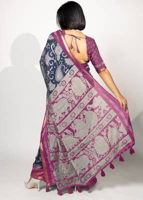 blue madhubani ethnic printed viscose cotton saree with unstitched blouse piece 3