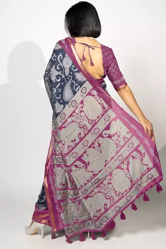blue madhubani ethnic printed viscose cotton saree with unstitched blouse piece