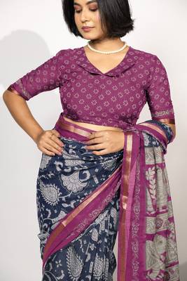 blue madhubani ethnic printed viscose cotton saree with unstitched blouse piece 5
