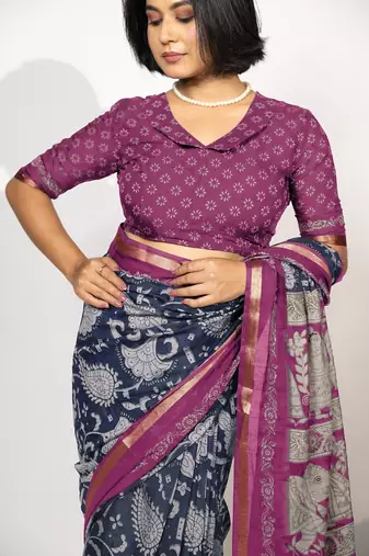 blue madhubani ethnic printed viscose cotton saree with unstitched blouse piece