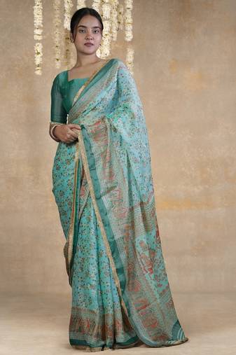 teal floral printed chiffon saree with unstitched blouse piece