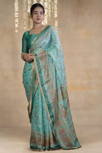 teal floral printed chiffon saree with unstitched blouse piece