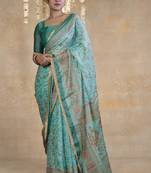 teal floral printed chiffon saree with unstitched blouse piece