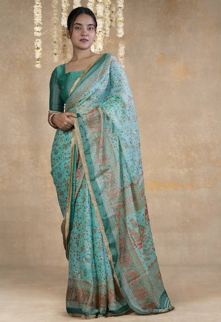 teal floral printed chiffon saree with unstitched blouse piece