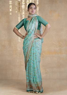 teal floral printed chiffon saree with unstitched blouse piece 2