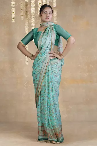 teal floral printed chiffon saree with unstitched blouse piece