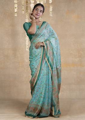teal floral printed chiffon saree with unstitched blouse piece 3