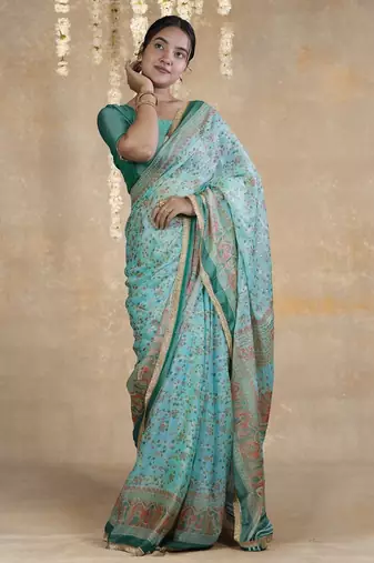 teal floral printed chiffon saree with unstitched blouse piece