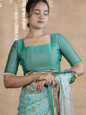teal floral printed chiffon saree with unstitched blouse piece 4
