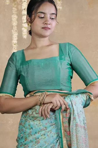 teal floral printed chiffon saree with unstitched blouse piece