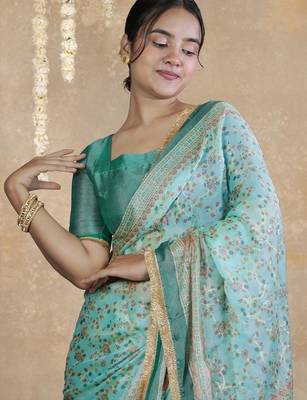 teal floral printed chiffon saree with unstitched blouse piece 5