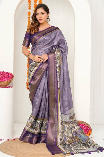 purple madhubani ethnic printed cotton silk saree with unstitched blouse piece