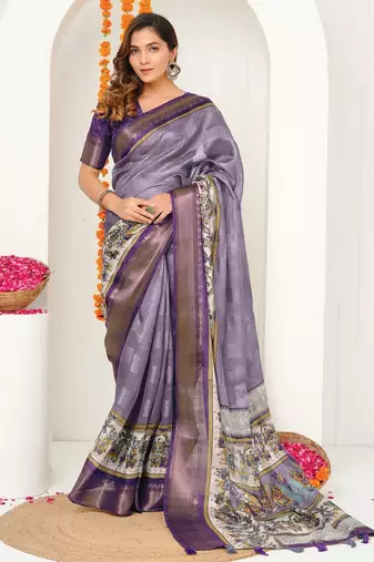 purple madhubani ethnic printed cotton silk saree with unstitched blouse piece