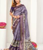 purple madhubani ethnic printed cotton silk saree with unstitched blouse piece