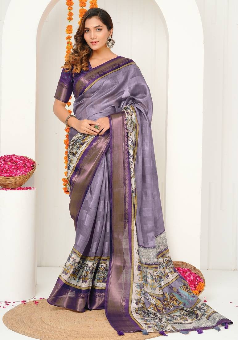 purple madhubani ethnic printed cotton silk saree with unstitched blouse piece