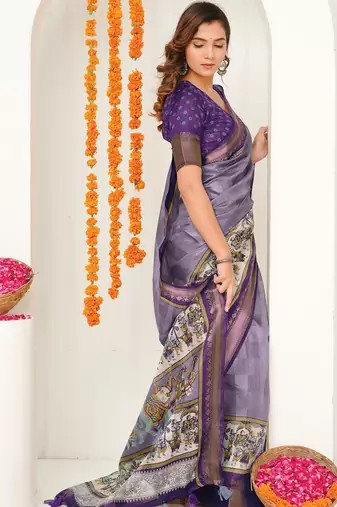 purple madhubani ethnic printed cotton silk saree with unstitched blouse piece