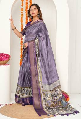 purple madhubani ethnic printed cotton silk saree with unstitched blouse piece 3