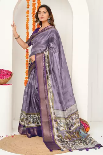 purple madhubani ethnic printed cotton silk saree with unstitched blouse piece