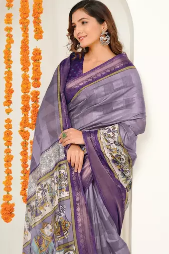purple madhubani ethnic printed cotton silk saree with unstitched blouse piece