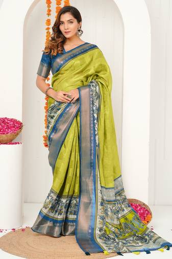 yellow madhubani ethnic printed cotton silk saree with unstitched blouse piece