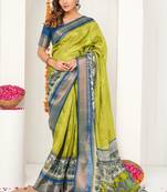 yellow madhubani ethnic printed cotton silk saree with unstitched blouse piece