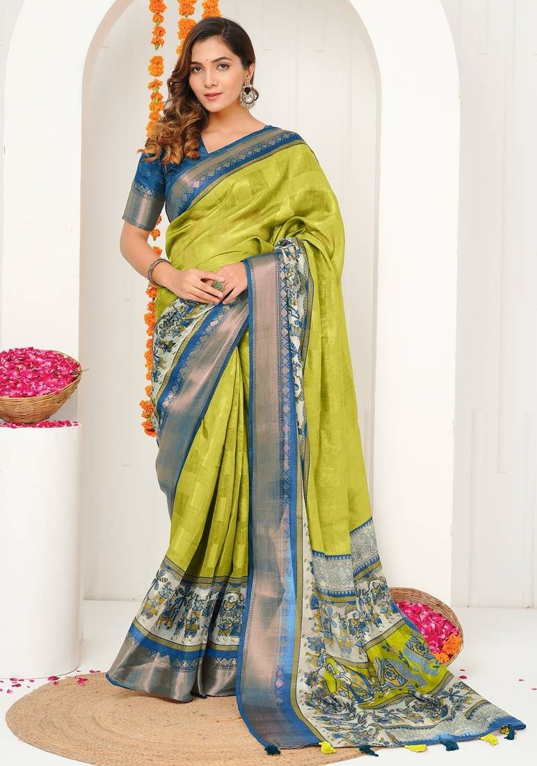 yellow madhubani ethnic printed cotton silk saree with unstitched blouse piece