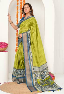 yellow madhubani ethnic printed cotton silk saree with unstitched blouse piece 2