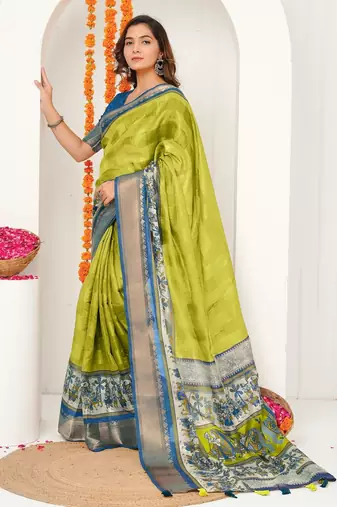 yellow madhubani ethnic printed cotton silk saree with unstitched blouse piece