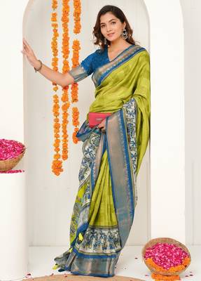 yellow madhubani ethnic printed cotton silk saree with unstitched blouse piece 3