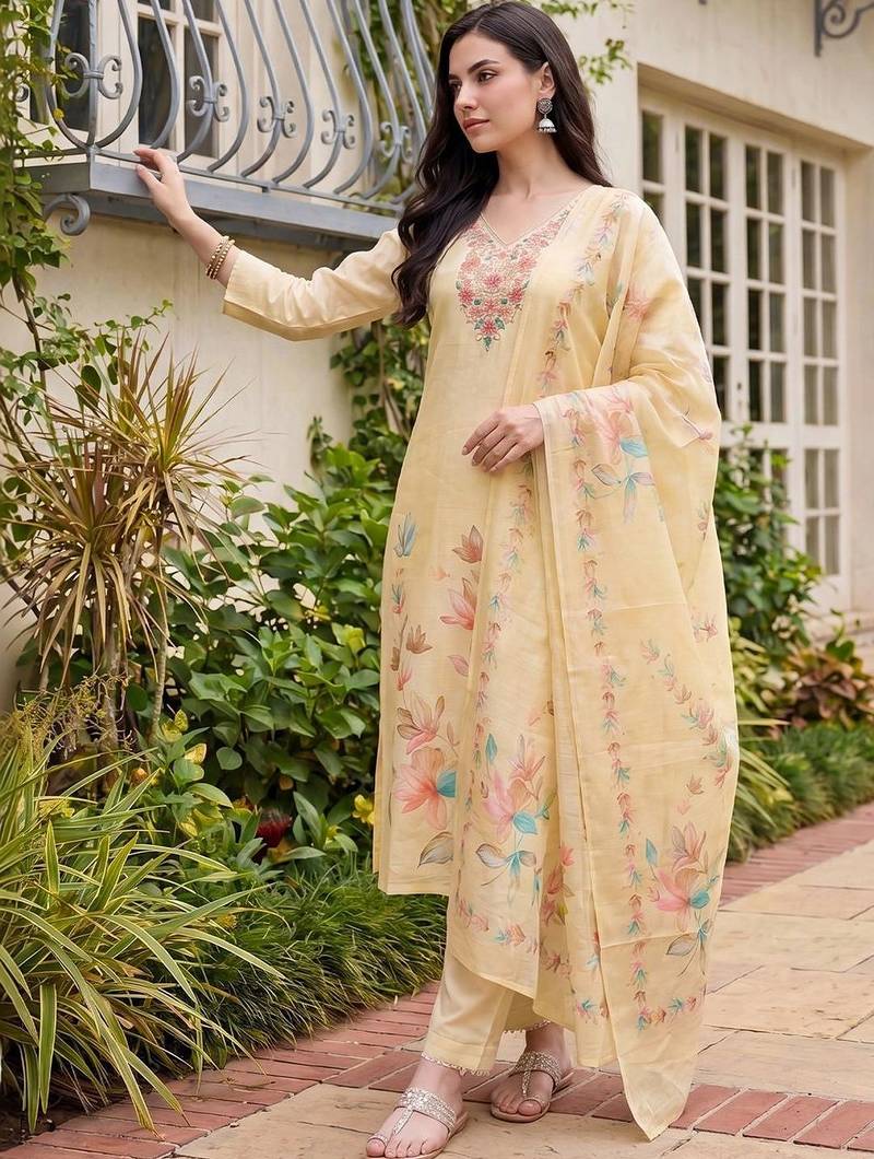 Women Floral Printed Thread Work Linen Kurta with Trousers & With Dupatta