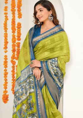 yellow madhubani ethnic printed cotton silk saree with unstitched blouse piece 5