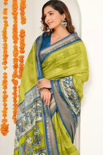 yellow madhubani ethnic printed cotton silk saree with unstitched blouse piece