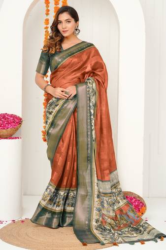 orange madhubani ethnic printed cotton silk saree with unstitched blouse piece