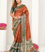 orange madhubani ethnic printed cotton silk saree with unstitched blouse piece