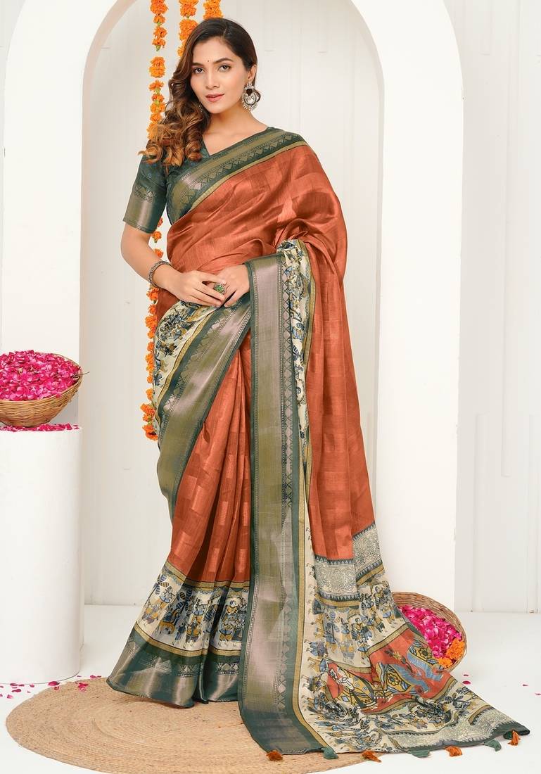 orange madhubani ethnic printed cotton silk saree with unstitched blouse piece