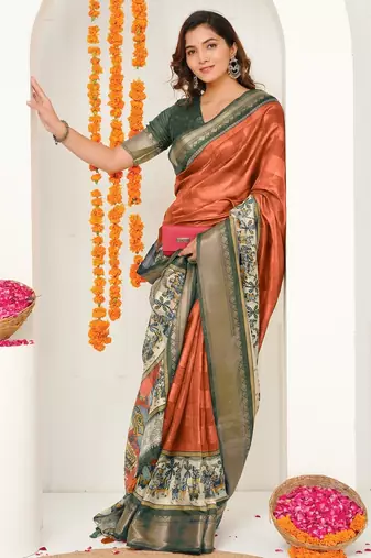 orange madhubani ethnic printed cotton silk saree with unstitched blouse piece