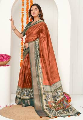orange madhubani ethnic printed cotton silk saree with unstitched blouse piece 3