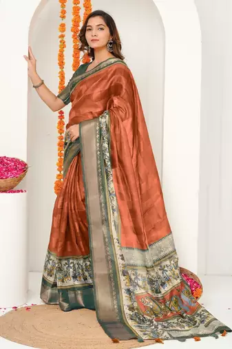 orange madhubani ethnic printed cotton silk saree with unstitched blouse piece