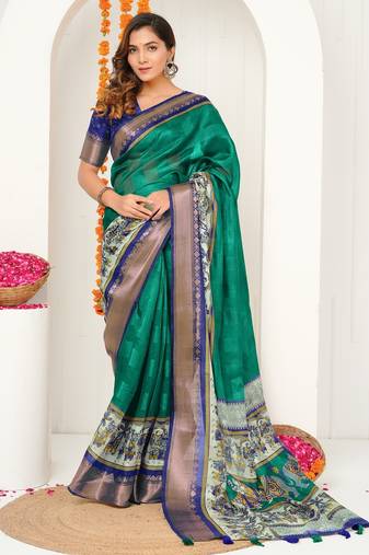 teal green madhubani ethnic printed cotton silk saree with unstitched blouse piece