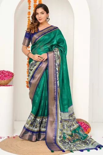 teal green madhubani ethnic printed cotton silk saree with unstitched blouse piece