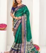 teal green madhubani ethnic printed cotton silk saree with unstitched blouse piece