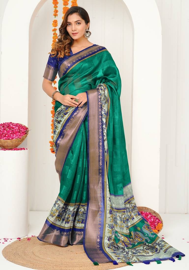 teal green madhubani ethnic printed cotton silk saree with unstitched blouse piece