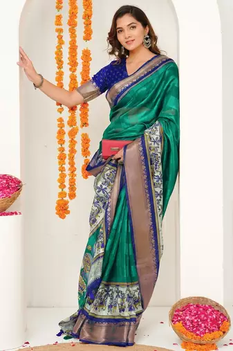 teal green madhubani ethnic printed cotton silk saree with unstitched blouse piece
