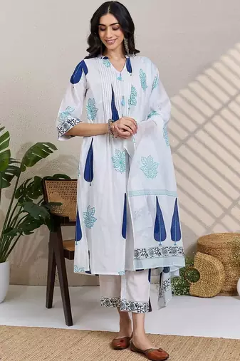 Women Ethnic Motifs Printed Cotton Kurta with Trousers & With Dupatta