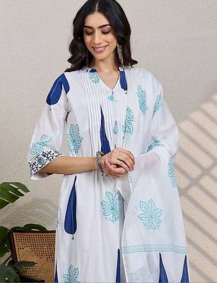 Women Ethnic Motifs Printed Cotton Kurta with Trousers & With Dupatta 6