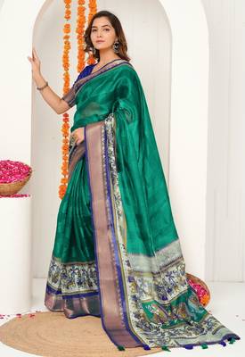 teal green madhubani ethnic printed cotton silk saree with unstitched blouse piece 3