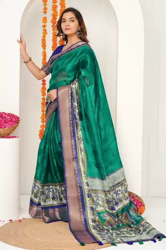 teal green madhubani ethnic printed cotton silk saree with unstitched blouse piece